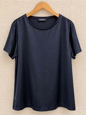 ’S Max Mara Rebecca Satin T-Shirt Navy Fluid Luxury Short Sleeve Top